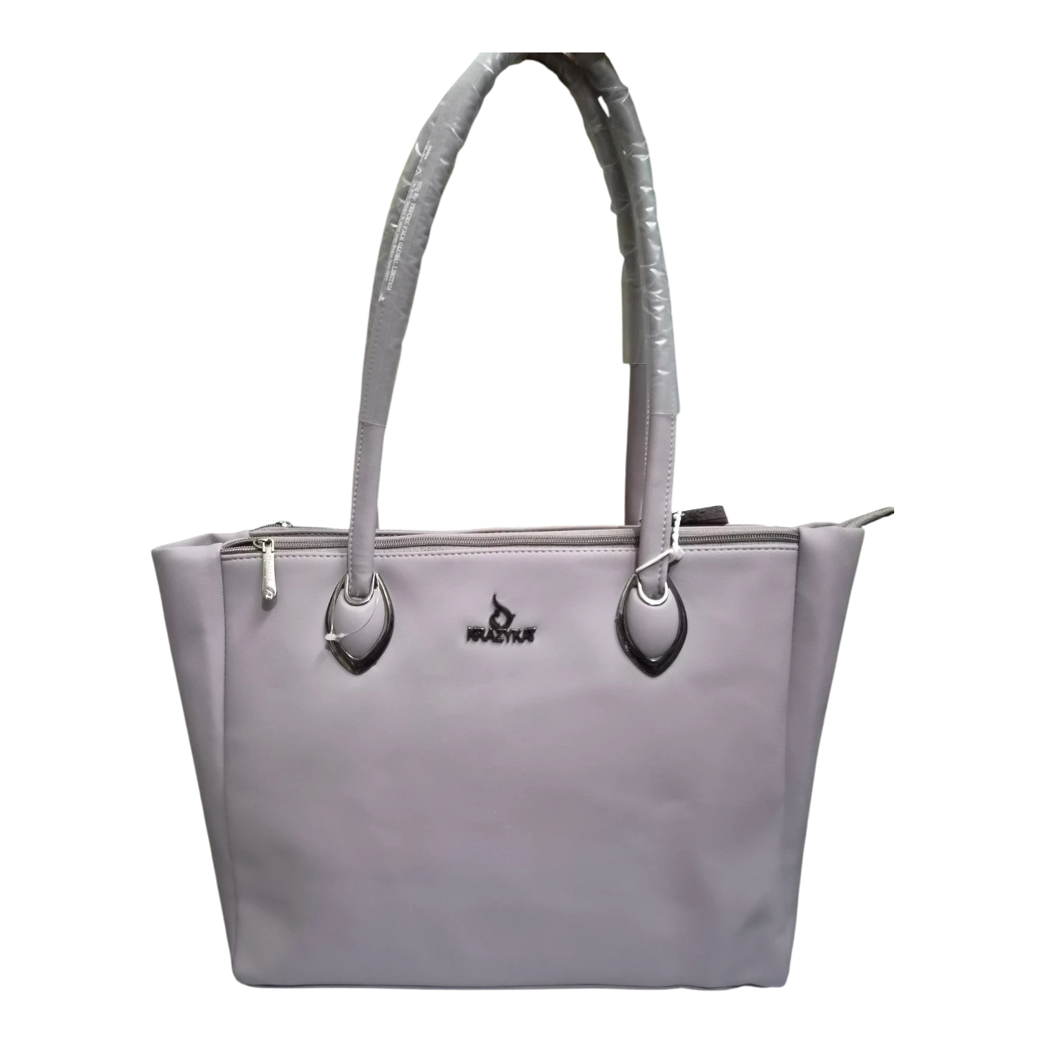 Sheonn KRAZYKAT lavender synthetic leather tote handbag with silver hardware and top-zip closure.