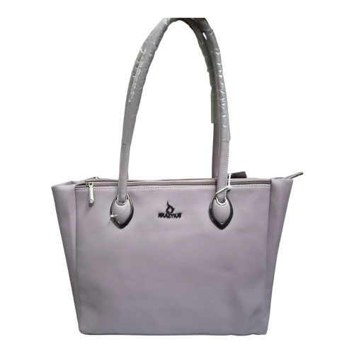 Sheonn KRAZYKAT lavender synthetic leather tote handbag with silver hardware and top-zip closure.