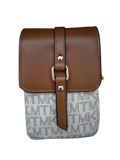 Sheonn Michael Kors monogram crossbody bag with a tan flap, gold hardware, and white synthetic leather body.