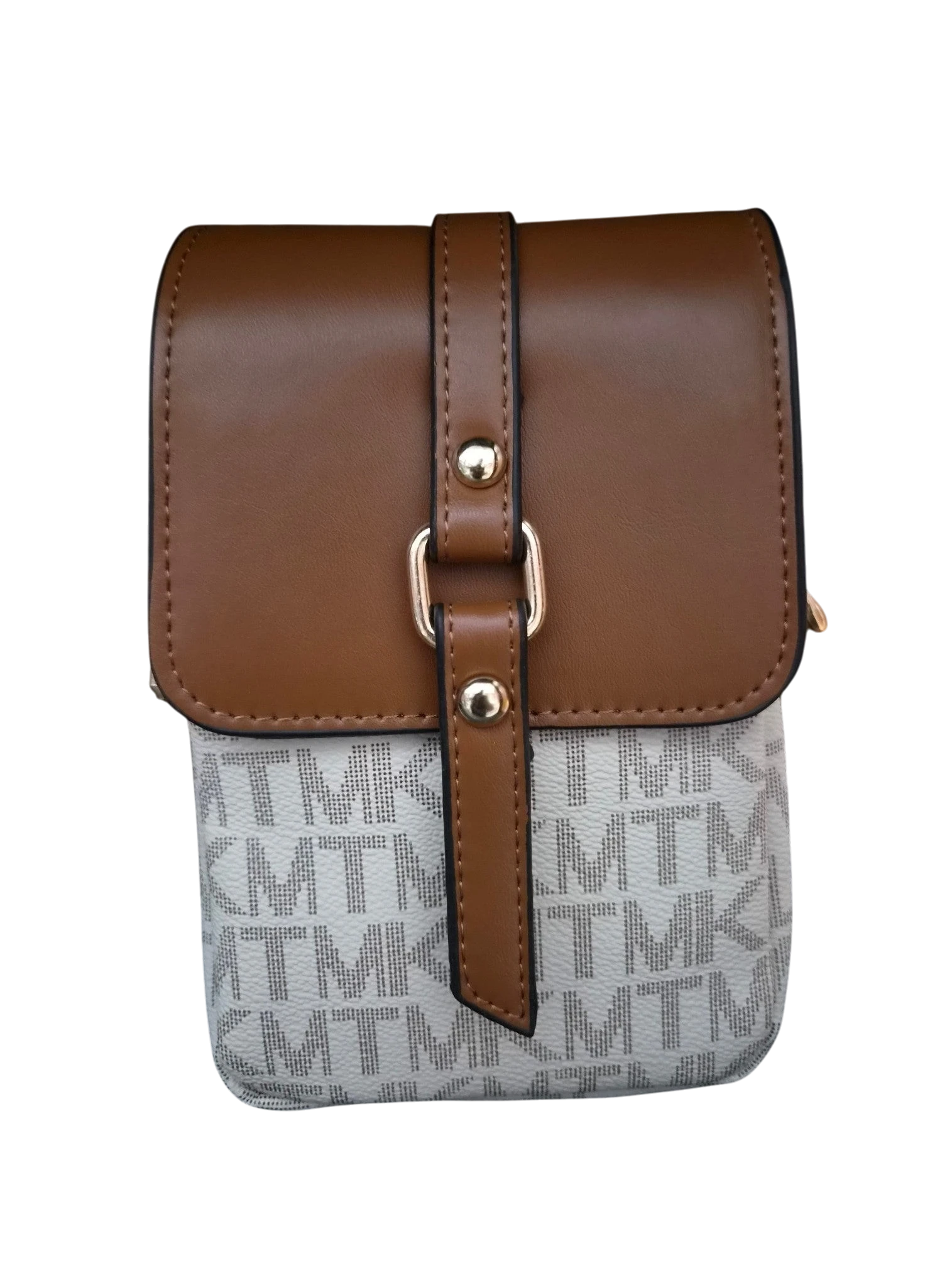 Sheonn Michael Kors monogram crossbody bag with a tan flap, gold hardware, and white synthetic leather body.