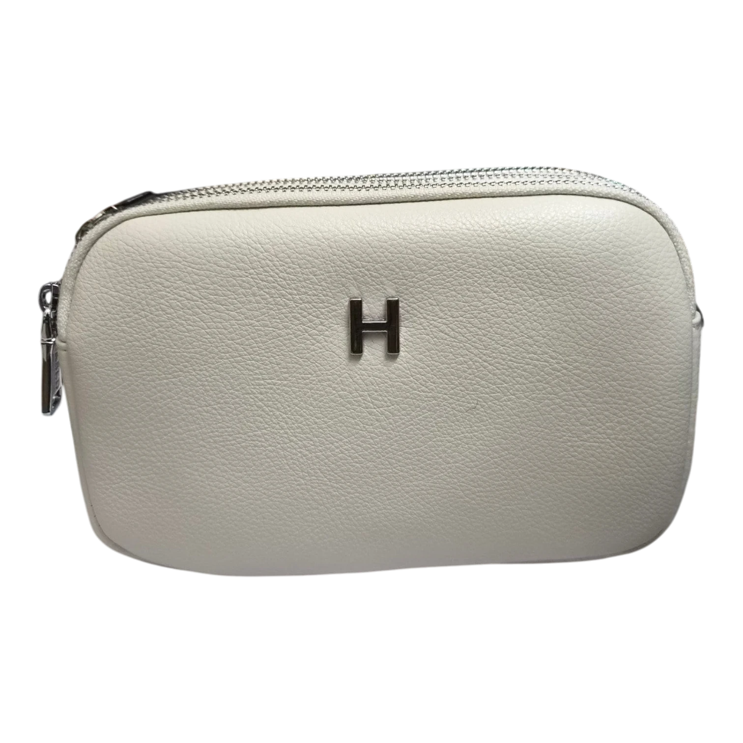 Sheonn cream textured faux leather minimalist crossbody bag with a metallic H logo and zipper closure.