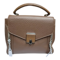 Sheonn mocha brown faux leather satchel with top handle, silver-tone zippers, and a structured flap clasp closure.
