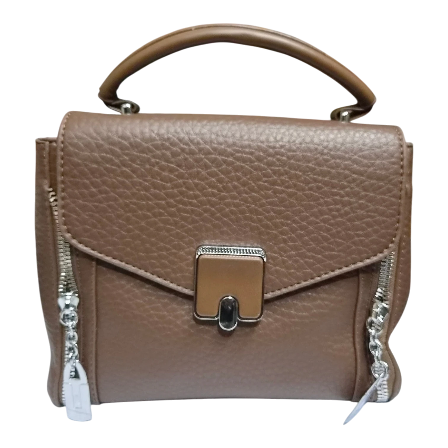 Sheonn mocha brown faux leather satchel with top handle, silver-tone zippers, and a structured flap clasp closure.