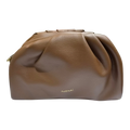 Sheonn NEMI brown faux leather clutch handbag with pleated texture and gold-tone logo detail.