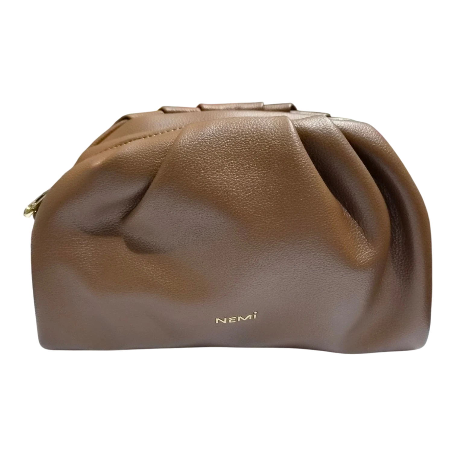 Sheonn NEMI brown faux leather clutch handbag with pleated texture and gold-tone logo detail.