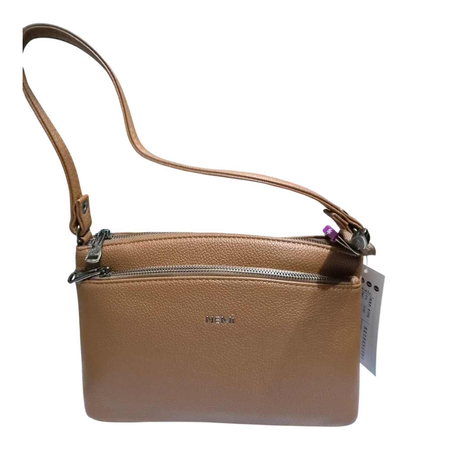 Sheonn NEMi tan faux leather shoulder handbag with pebbled texture and multiple zippered compartments.