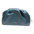 Sheonn NEMi teal faux leather soft pouch shoulder bag with ruched texture and gold logo detail.