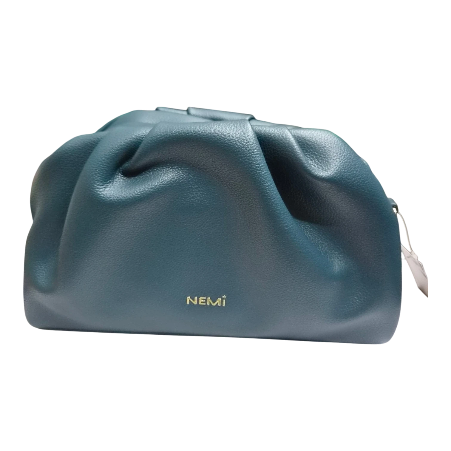 Sheonn NEMi teal faux leather soft pouch shoulder bag with ruched texture and gold logo detail.