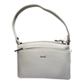 Sheonn NEMI off-white pebble-textured faux leather shoulder bag with top-zip closure and exterior pocket.