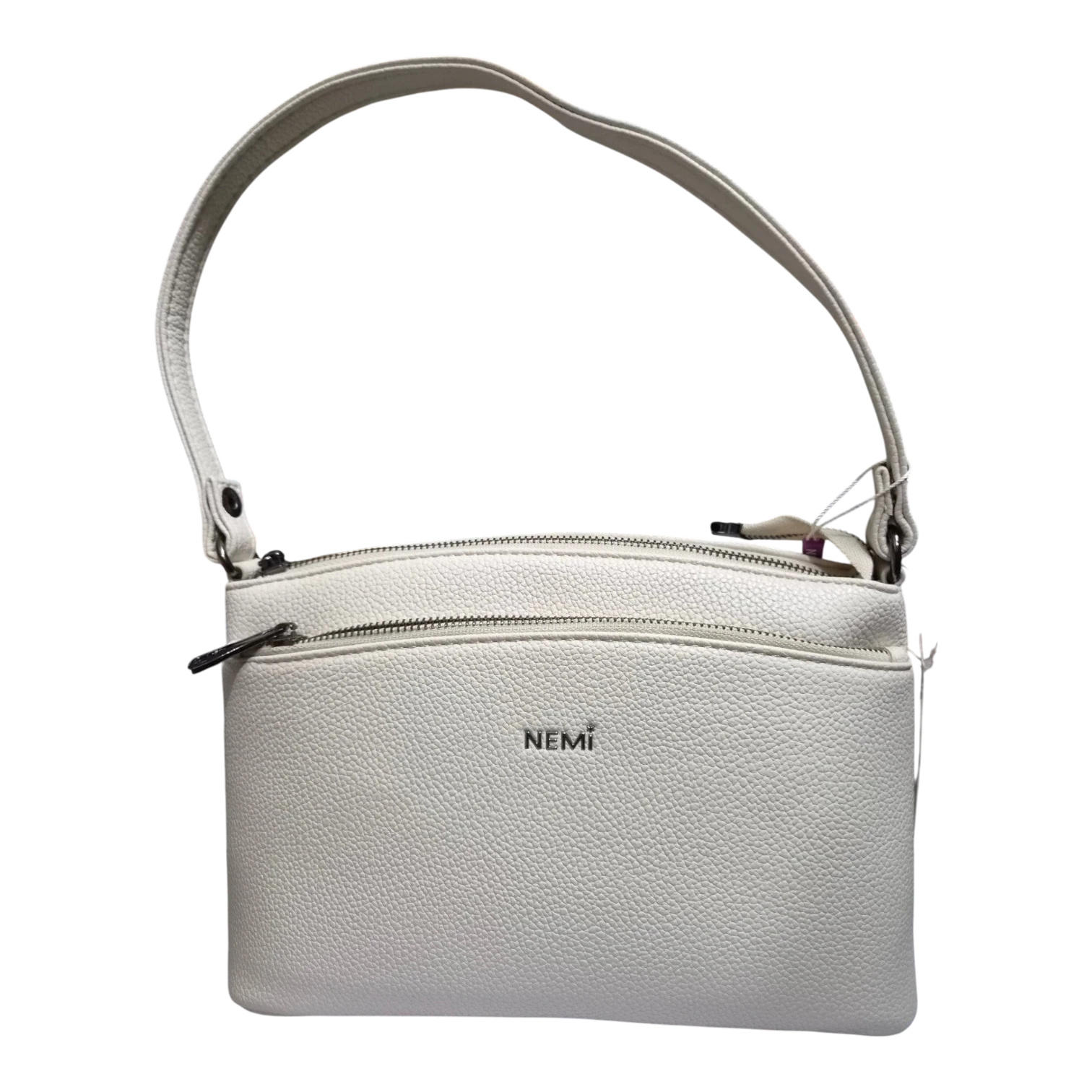 Sheonn NEMI off-white pebble-textured faux leather shoulder bag with top-zip closure and exterior pocket.
