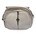 Sheonn off-white pebble-textured faux leather crossbody bag with silver hardware and a clover-shaped zipper pull.