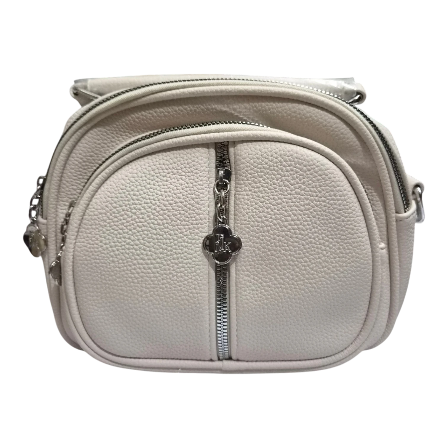Sheonn off-white pebble-textured faux leather crossbody bag with silver hardware and a clover-shaped zipper pull.