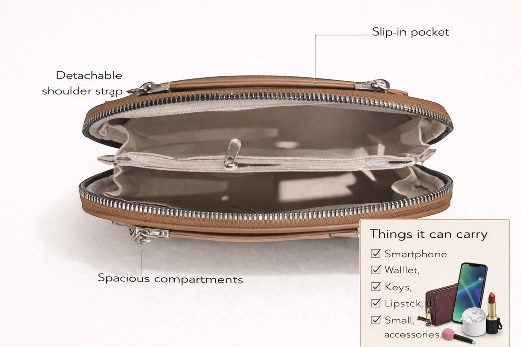 Sheonn tan structured handbag interior with organized compartments, silver hardware, and detachable shoulder strap.