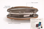 Sheonn tan structured handbag interior with organized compartments, silver hardware, and detachable shoulder strap.