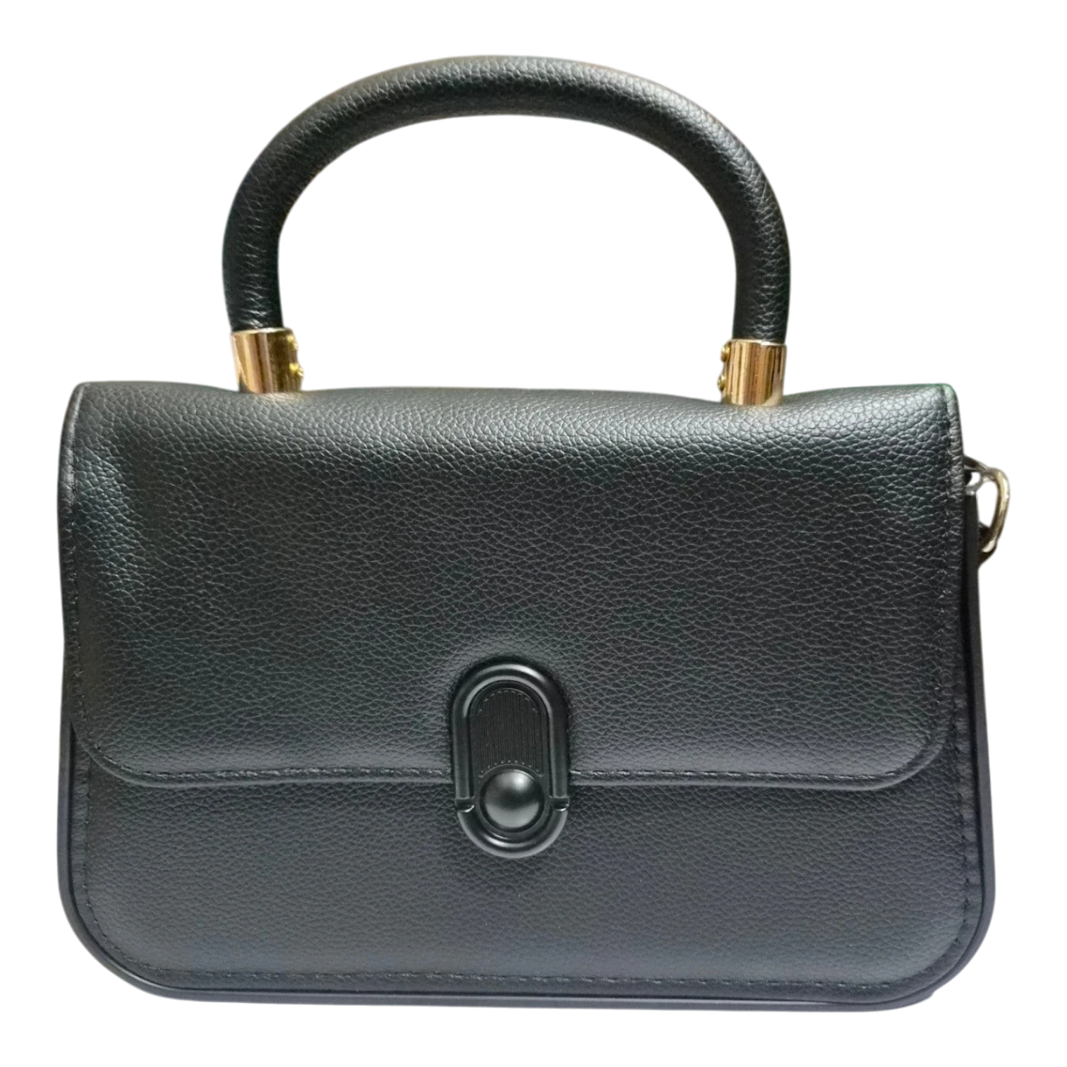 Sheonn black textured faux leather structured top handle handbag with gold-tone hardware and minimalist clasp.