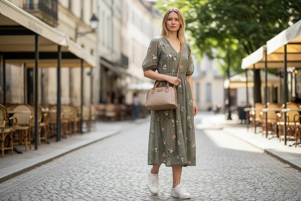 Sheonn tan structured top handle handbag with silver hardware worn by a woman in a floral dress on a city street.