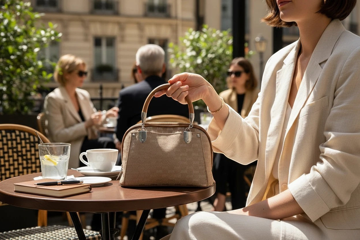 Sheonn structured tan handbag with patterned fabric, silver hardware, and top handle held by a woman at a cafe.
