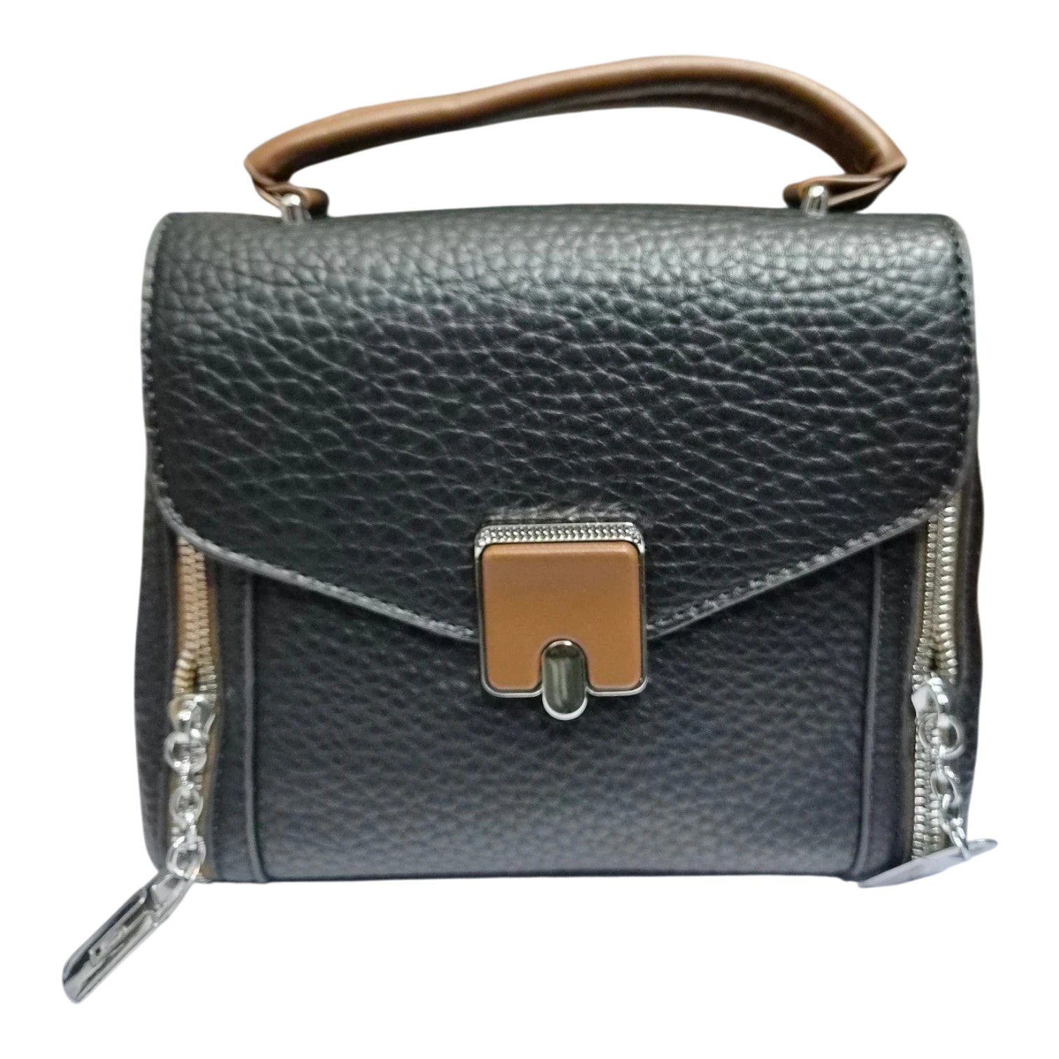 Sheonn black pebble-textured faux leather satchel with tan handle, central clasp, and side chain zipper details.