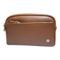 Sheonn tan pebble-grain leather crossbody bag with a front zippered pocket and silver-tone hardware.