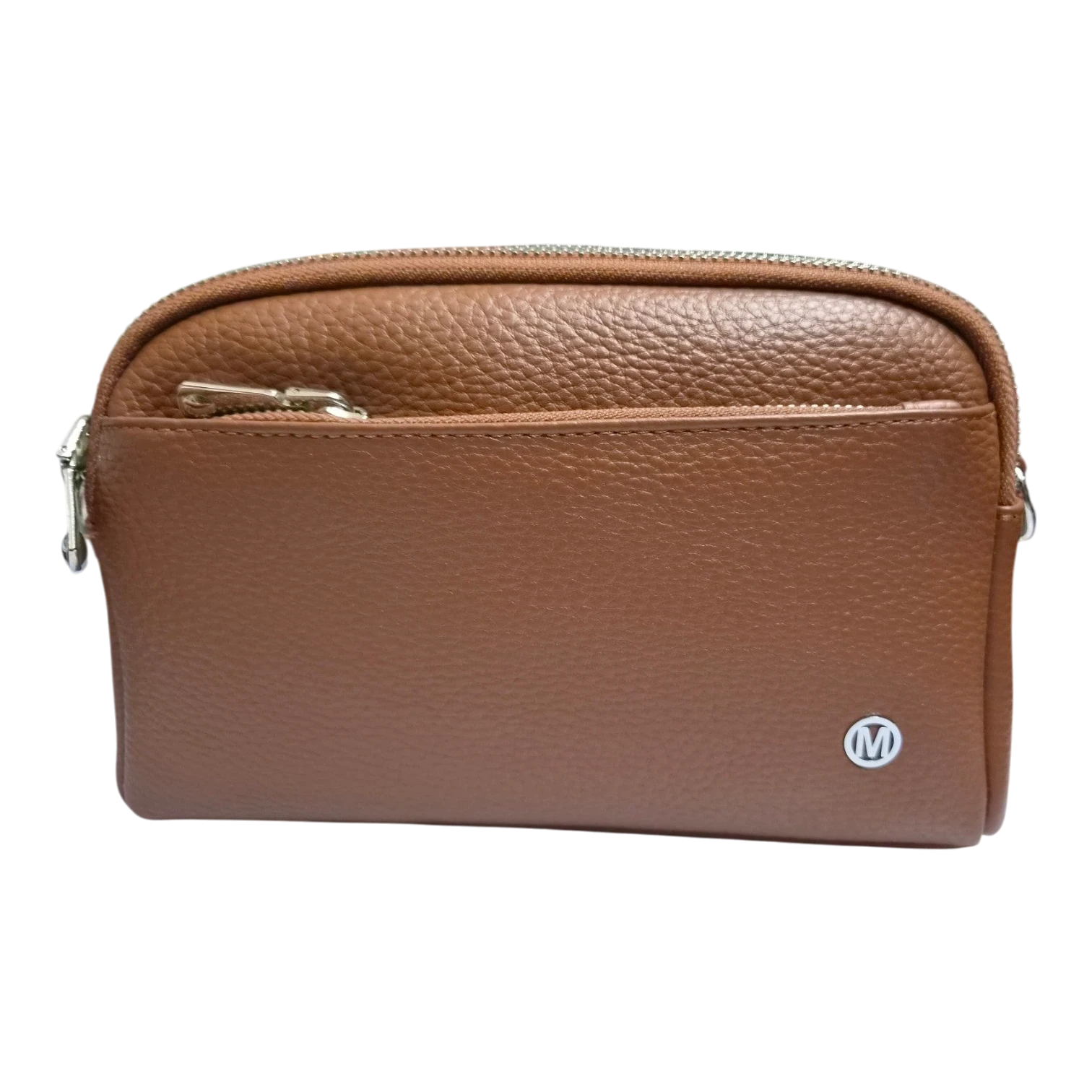 Sheonn tan pebble-grain leather crossbody bag with a front zippered pocket and silver-tone hardware.