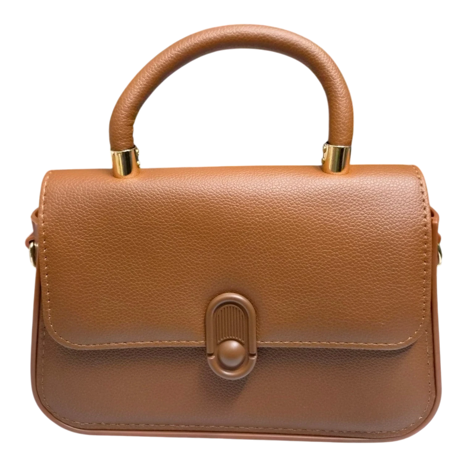Sheonn tan faux leather structured top-handle handbag with gold-toned hardware and a minimalist central clasp.