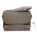 Sheonn taupe canvas satchel handbag with faux-leather buckle details, silver-tone hardware, and top handle.