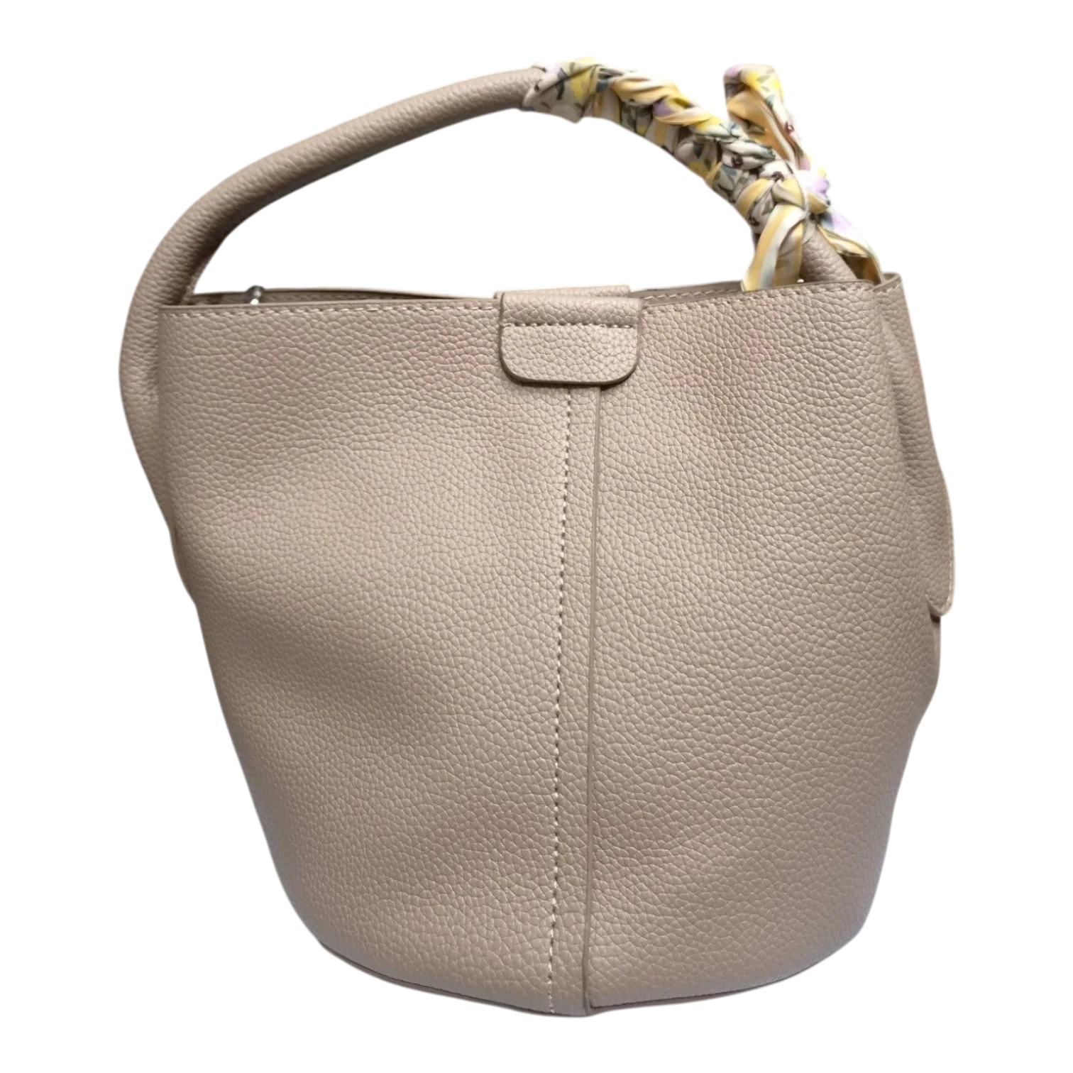 Sheonn beige pebble-grain synthetic leather bucket handbag with a patterned silk-style scarf wrapped on the handle.