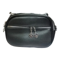 Sheonn black textured faux leather crossbody bag with silver clover zipper pulls and front pocket.