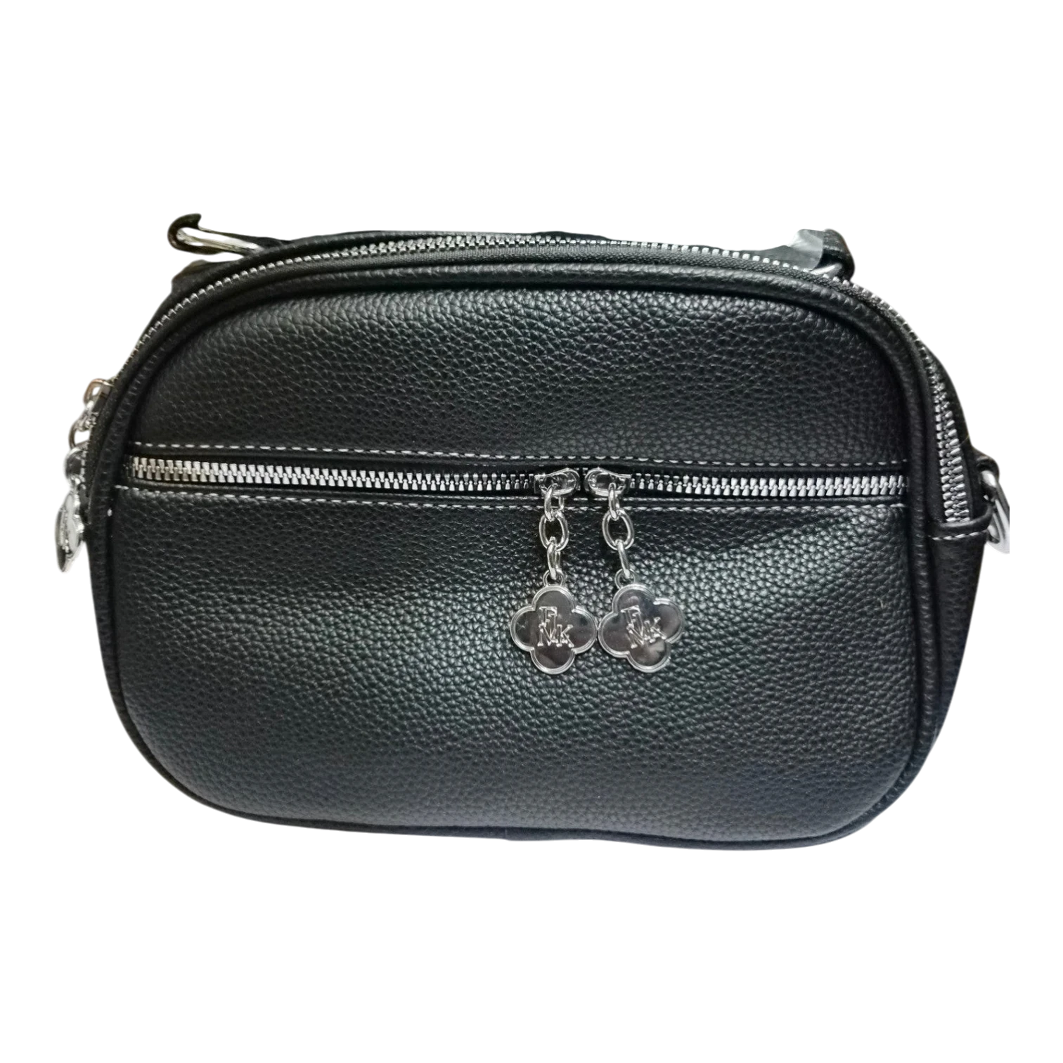 Sheonn black textured faux leather crossbody bag with silver clover zipper pulls and front pocket.