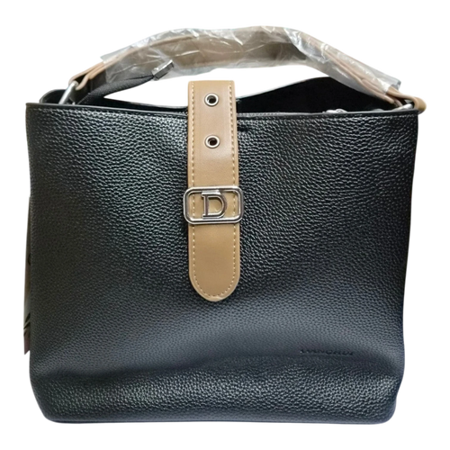 Sheonn black textured faux leather bucket handbag with a tan center strap, silver D emblem, and top handle.