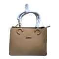 Sheonn TLYU structured tan handbag with textured finish, top handles, and modern semi-circular hardware details.