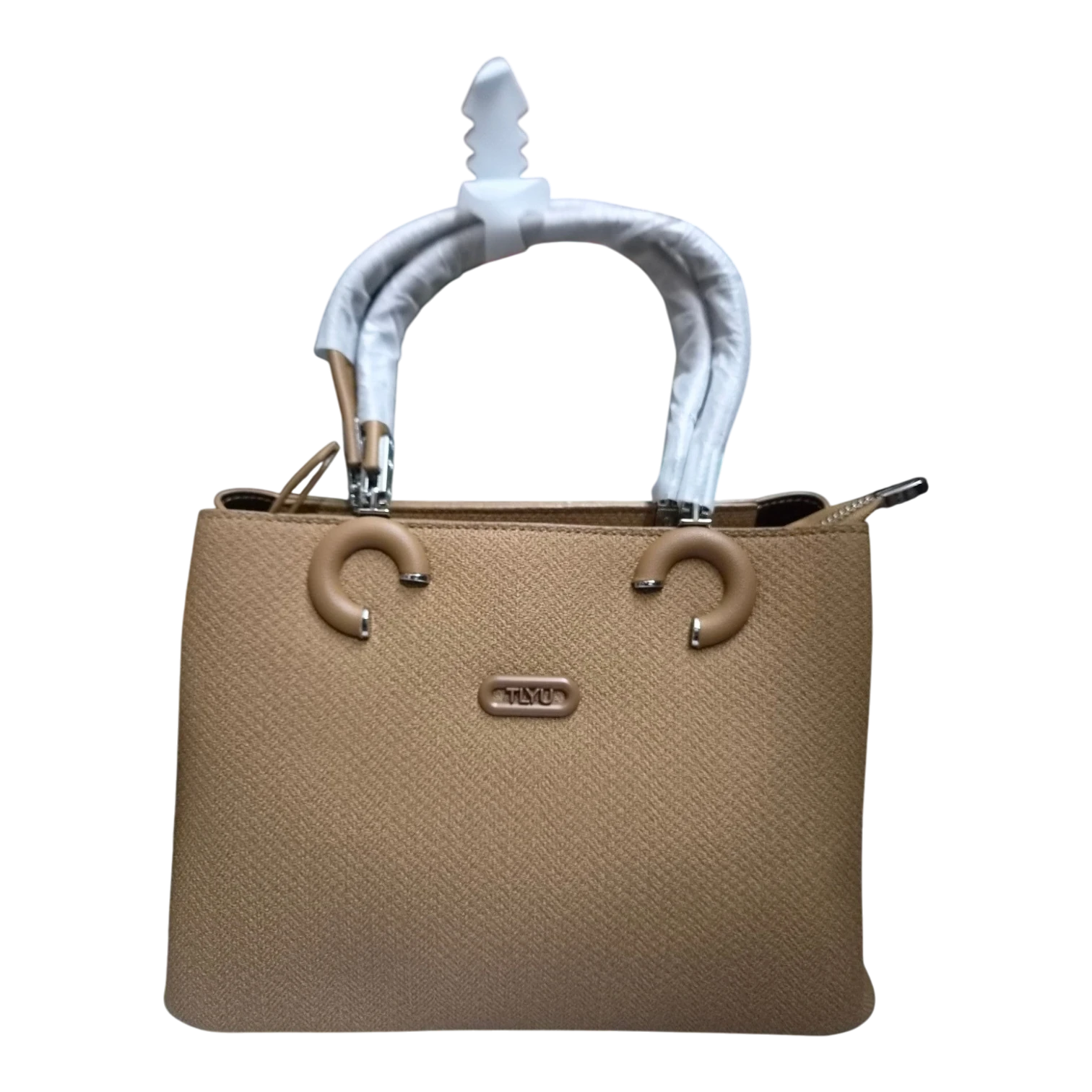 Sheonn TLYU structured tan handbag with textured finish, top handles, and modern semi-circular hardware details.