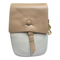 Sheonn two-tone crossbody bag in beige and white synthetic leather with a pebbled finish and gold-tone hardware.