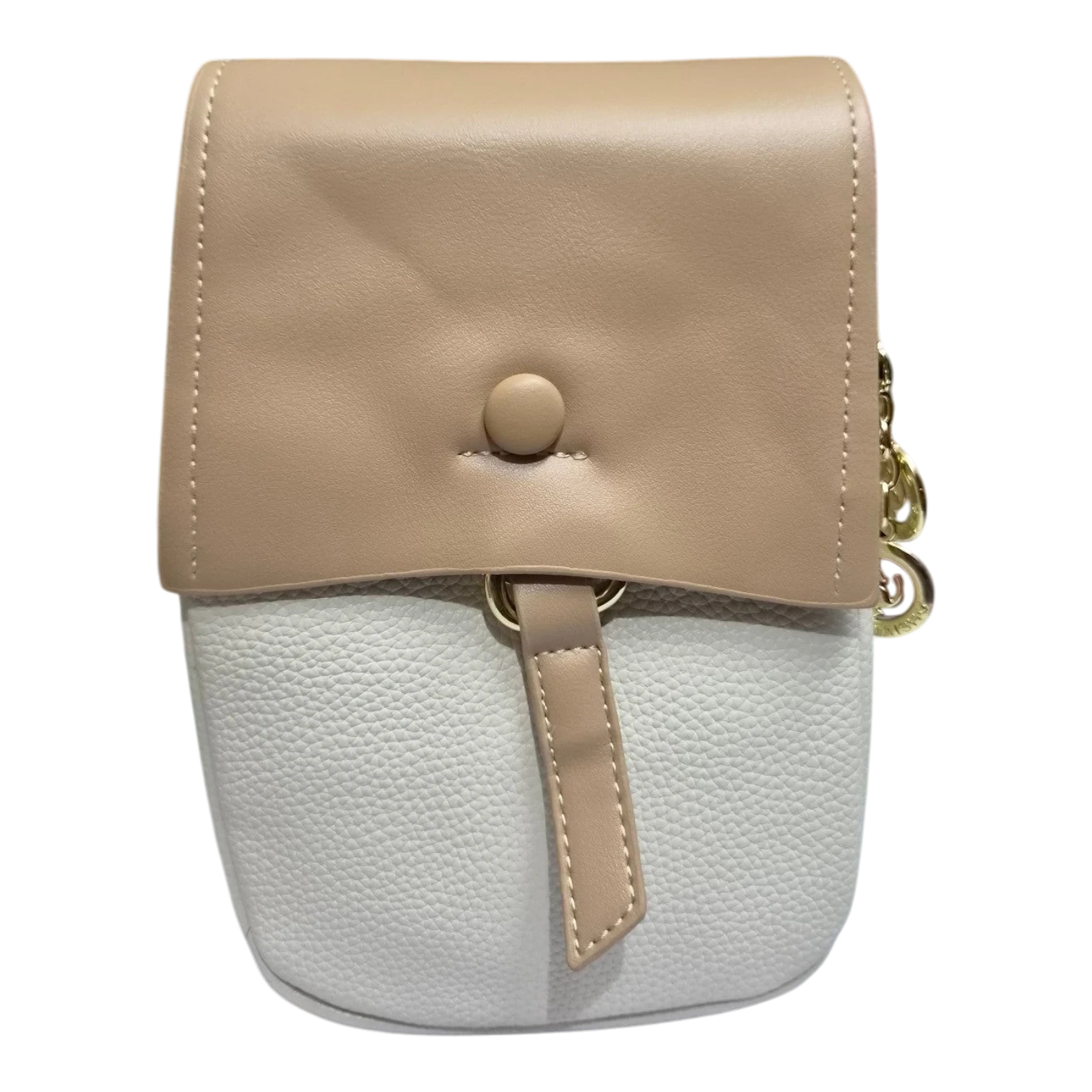 Sheonn two-tone crossbody bag in beige and white synthetic leather with a pebbled finish and gold-tone hardware.
