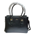 Sheonn VALENDNEE black structured synthetic leather handbag with gold-tone buckle accents and top handles.