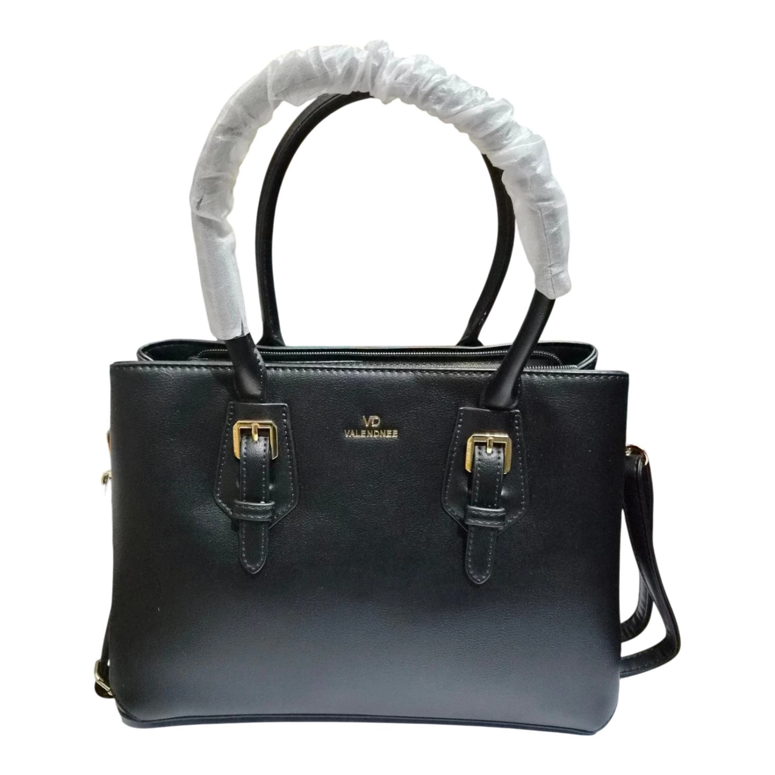 Sheonn VALENDNEE black structured synthetic leather handbag with gold-tone buckle accents and top handles.