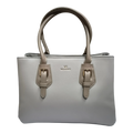 Sheonn VALENDNEE light grey synthetic leather structured handbag with gold buckle accents and dual top handles.