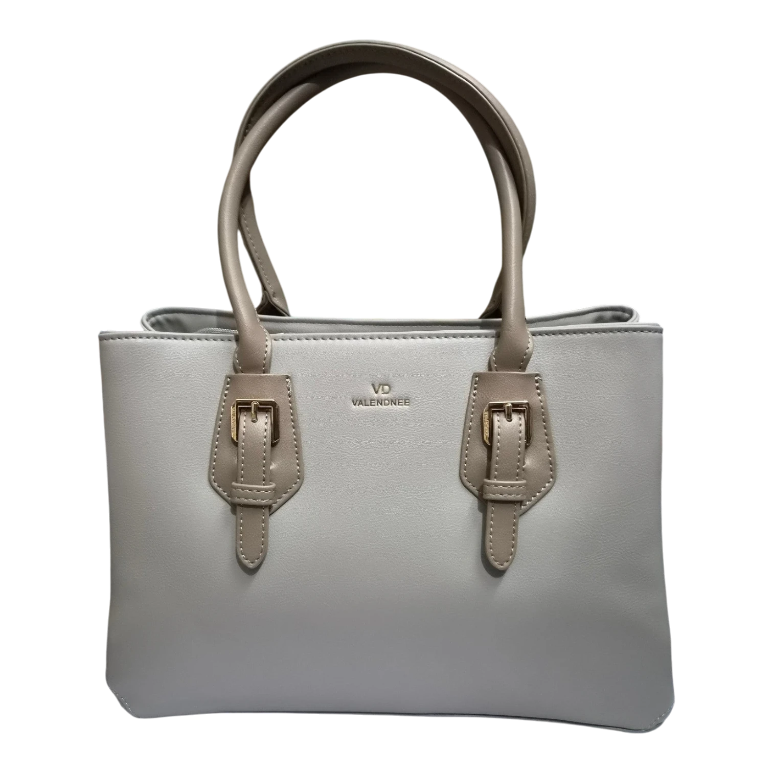 Sheonn VALENDNEE light grey synthetic leather structured handbag with gold buckle accents and dual top handles.