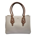 Sheonn VALENDNEE cream and brown synthetic leather structured tote handbag with gold buckle accents and top handles.
