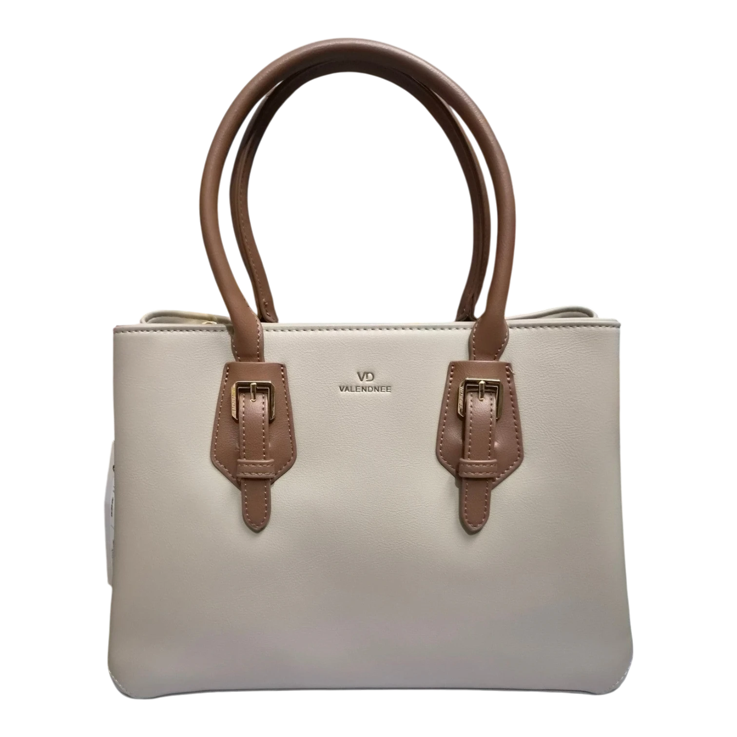 Sheonn VALENDNEE cream and brown synthetic leather structured tote handbag with gold buckle accents and top handles.
