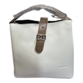 Sheonn white faux leather bucket handbag with mocha brown strap and metallic D buckle detail.