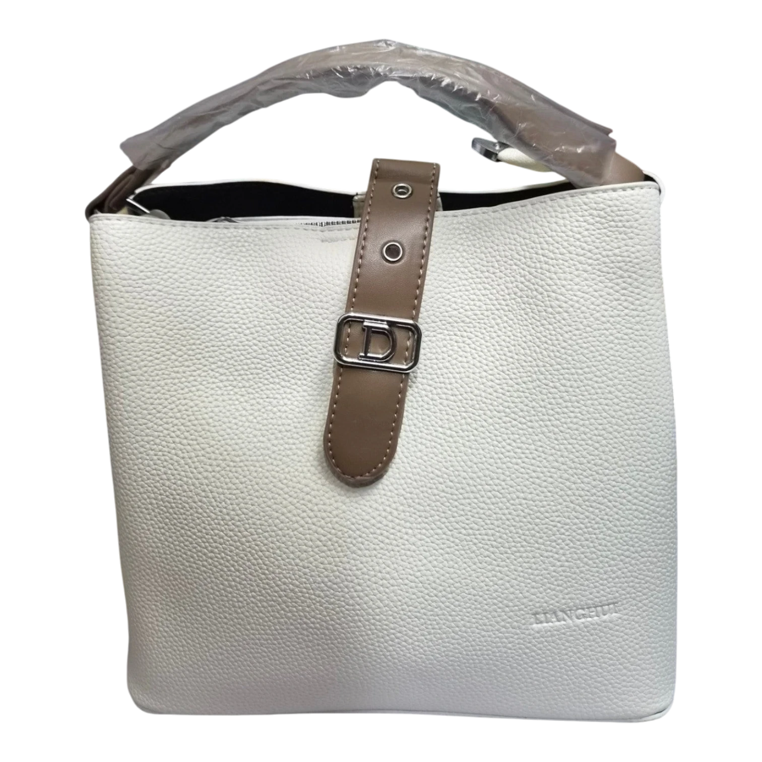 Sheonn white faux leather bucket handbag with mocha brown strap and metallic D buckle detail.