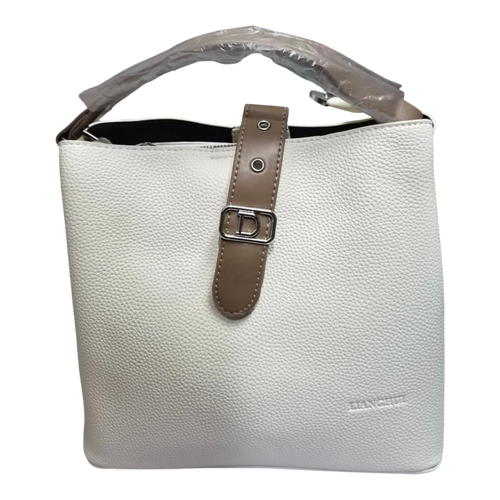 Sheonn white faux leather bucket handbag with mocha brown strap and metallic D buckle detail.