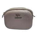 Sheonn YADIDAISHU taupe pebble-textured synthetic leather crossbody bag with metallic kangaroo logo and zipper closure