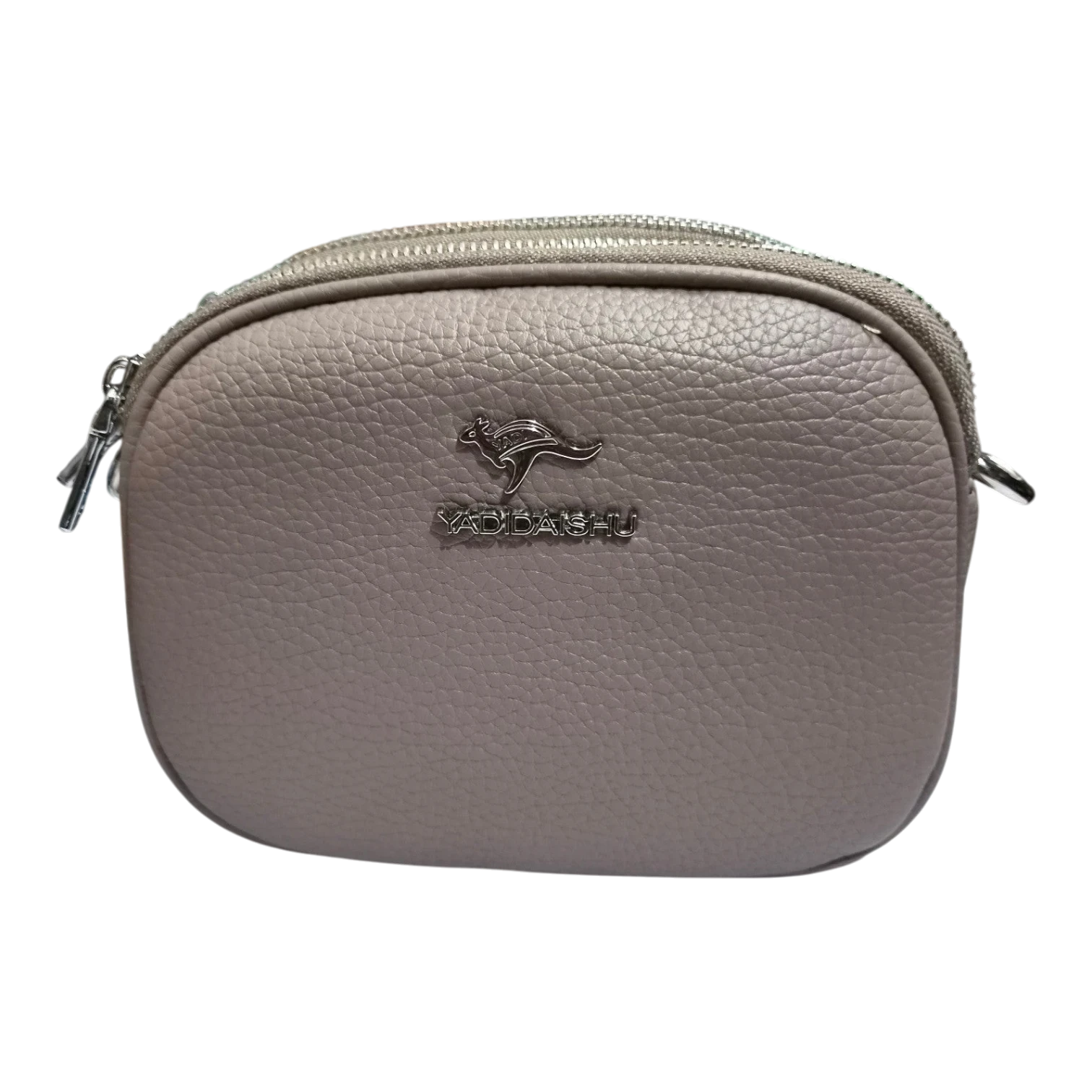 Sheonn YADIDAISHU taupe pebble-textured synthetic leather crossbody bag with metallic kangaroo logo and zipper closure