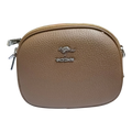 Sheonn YADIDA'S small tan pebble-textured faux leather crossbody bag with a silver kangaroo logo and zip closure.