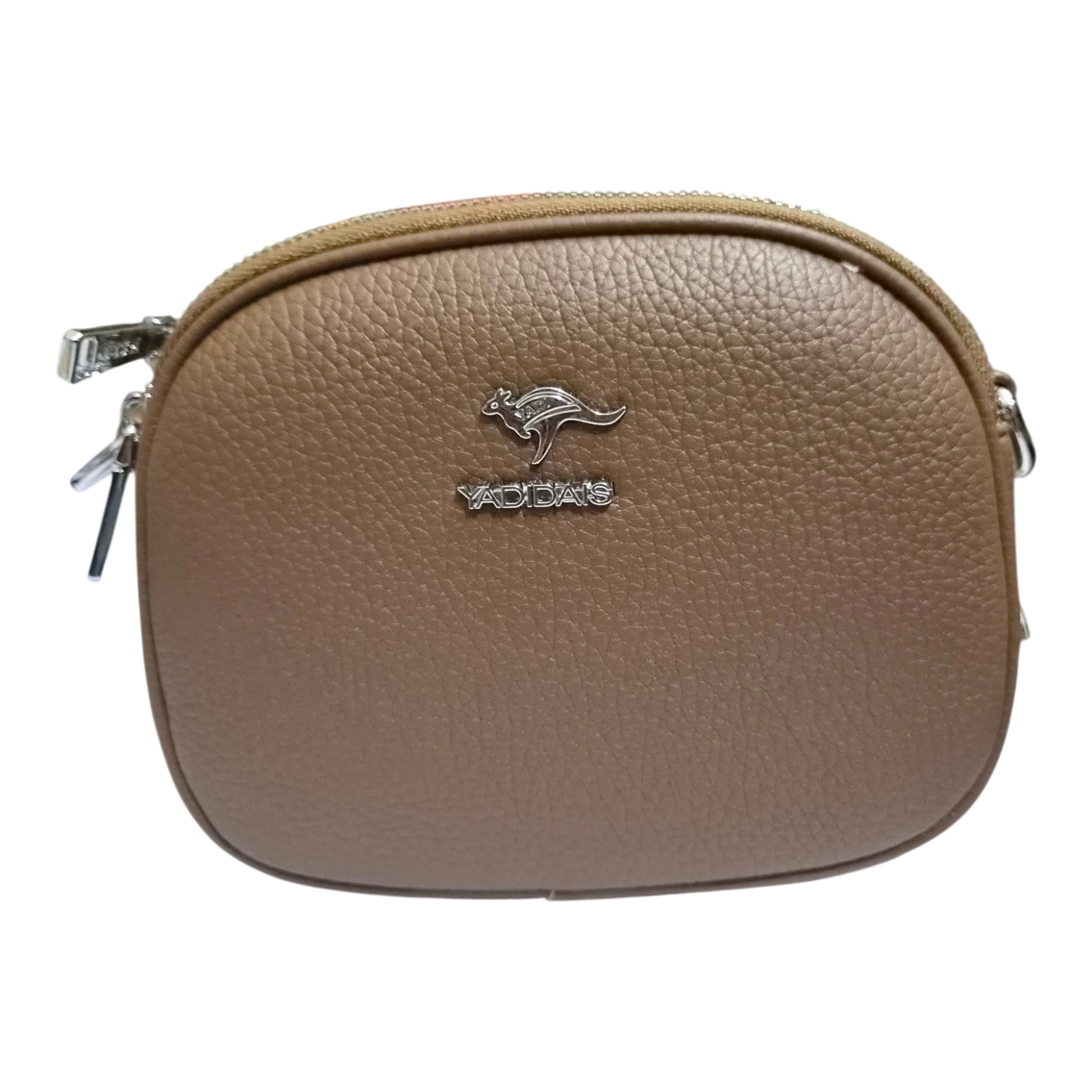 Sheonn YADIDA'S small tan pebble-textured faux leather crossbody bag with a silver kangaroo logo and zip closure.